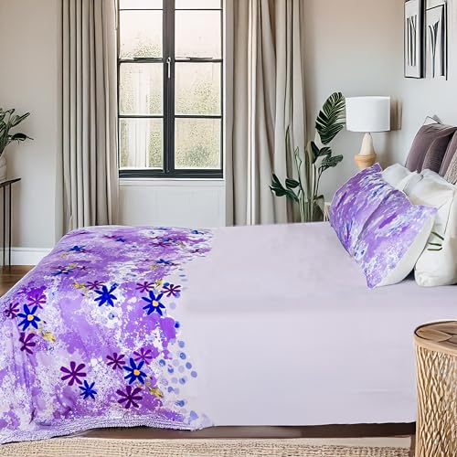 RUSTIQUE LINENS | Digitally Printed with Reactive Ink Tech | 300 TC 100% Organic Cotton Queen Premium Bedsheet Set | Ultra-Soft Satin-Like Finish | Floral Purple Paradise - Image 3