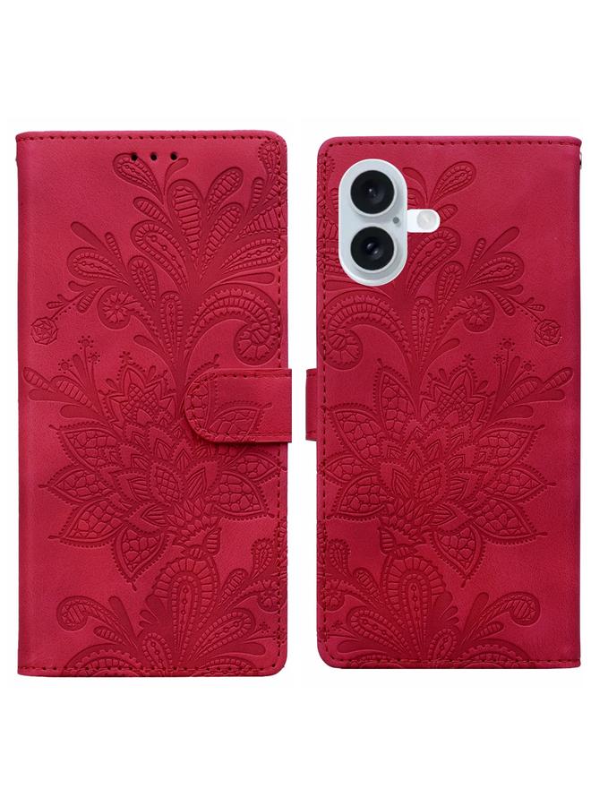 S-TOP Case For iPhone 16 Plus Lace Floral Embossed Magnetic Buckle PU Phone Case With Wrist Strap - Image 1