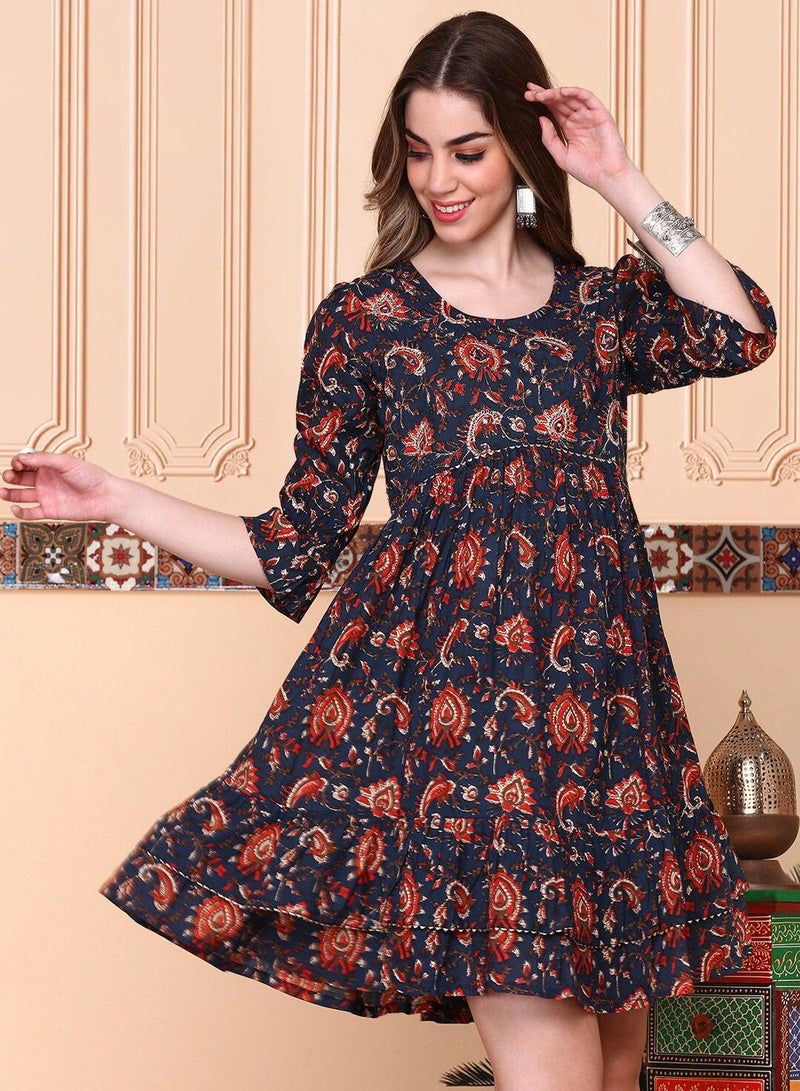 ISHIN Women's Multicoloured 100% Cotton Embellished Midi Smock Straight Fit Dress - Image 1