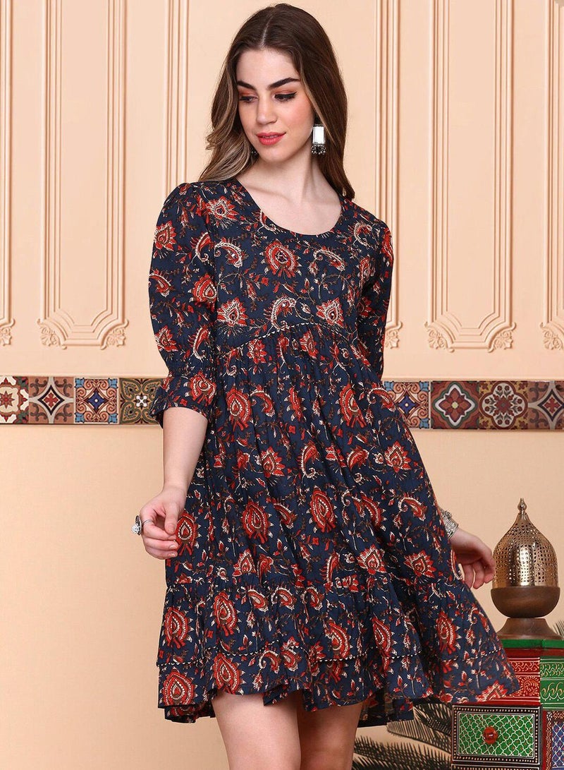 ISHIN Women's Multicoloured 100% Cotton Embellished Midi Smock Straight Fit Dress - Image 3