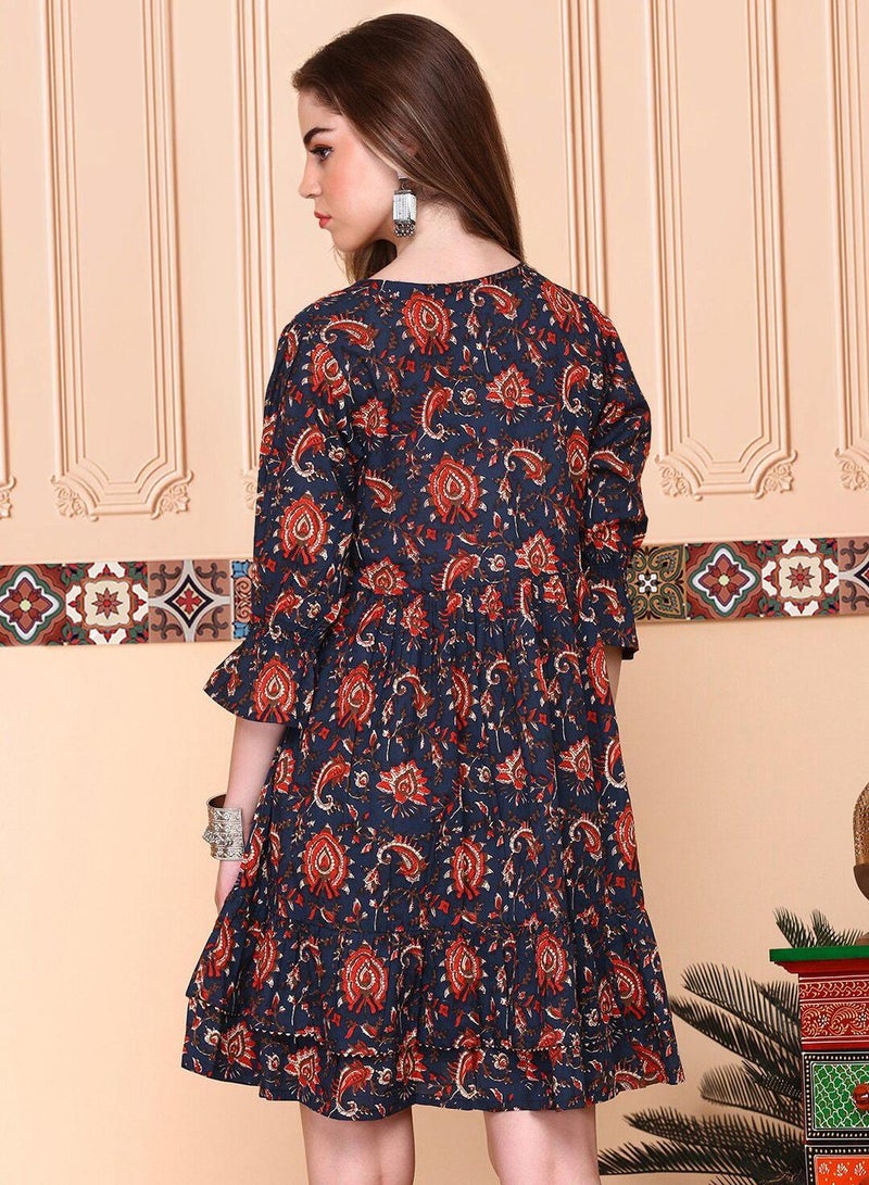 ISHIN Women's Multicoloured 100% Cotton Embellished Midi Smock Straight Fit Dress - Image 4