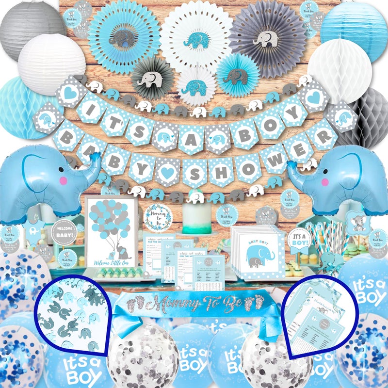 RainMeadow 697 Pcs Premium Elephant Baby Shower Decorations for Boy Set It's A BOY Banner, Napkins, Straws, Paper Decorations, Cake Toppers, Sash, Balloons, Favor Stickers, Guest Book, Confetti, Games - Image 1
