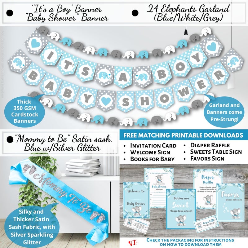 RainMeadow 697 Pcs Premium Elephant Baby Shower Decorations for Boy Set It's A BOY Banner, Napkins, Straws, Paper Decorations, Cake Toppers, Sash, Balloons, Favor Stickers, Guest Book, Confetti, Games - Image 2