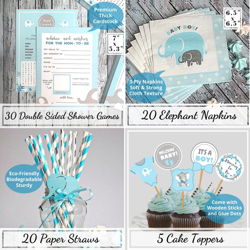 RainMeadow 697 Pcs Premium Elephant Baby Shower Decorations for Boy Set It's A BOY Banner, Napkins, Straws, Paper Decorations, Cake Toppers, Sash, Balloons, Favor Stickers, Guest Book, Confetti, Games - Image 5