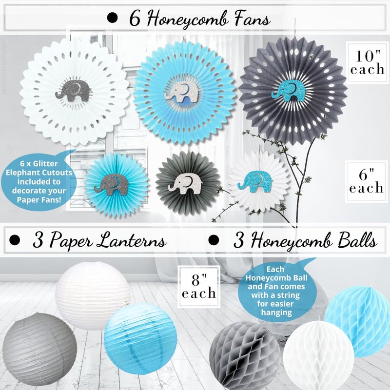 RainMeadow 697 Pcs Premium Elephant Baby Shower Decorations for Boy Set It's A BOY Banner, Napkins, Straws, Paper Decorations, Cake Toppers, Sash, Balloons, Favor Stickers, Guest Book, Confetti, Games - Image 3