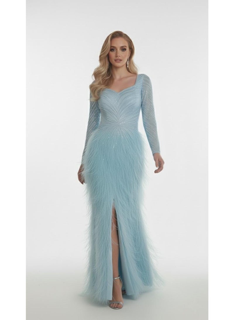 Soft Indigo Feathered Maxi Dress with Sweetheart Neckline & Embellished
