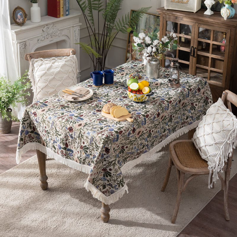 SUTAVIA French Floral Tablecloth Hand-Made Cotton Fabric with Lace Vintage Berry Garden Pattern Tabletop Sofa Cover Blanket for Home Holiday Party Decor (Red Floral, Rectangle, 60"x104") - Image 2