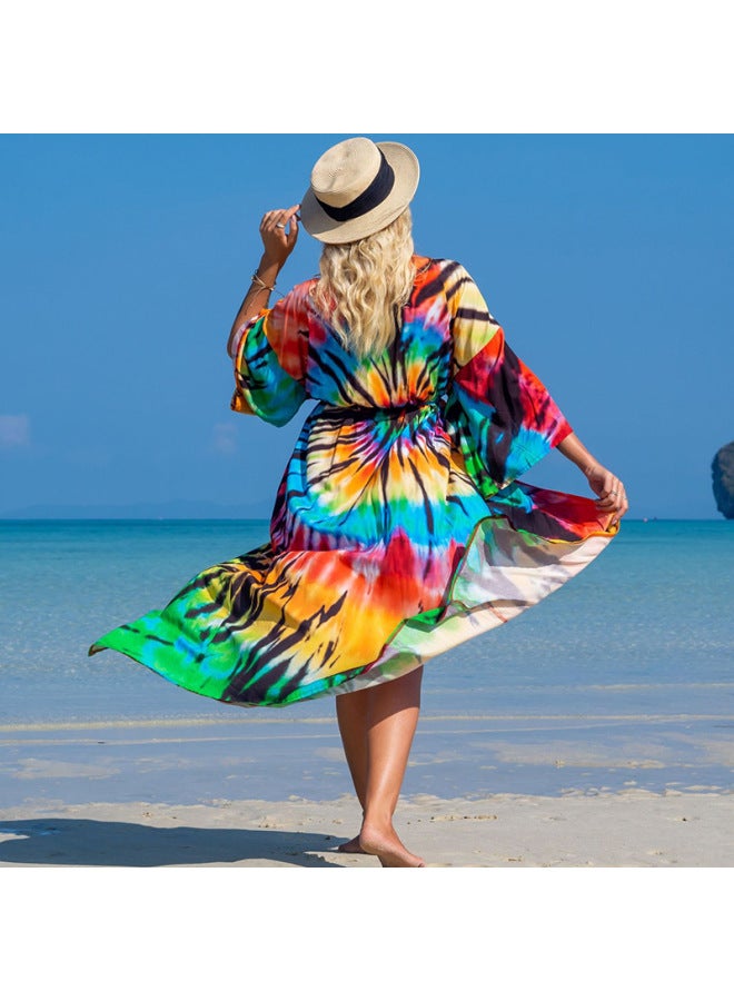 Loquat 2022 European And American Beach Blouse Positioning Printed Rayon Holiday Long Cardigan Bikini Women's Sunscreen Shirt-Color:15-Rainbow- - Image 1