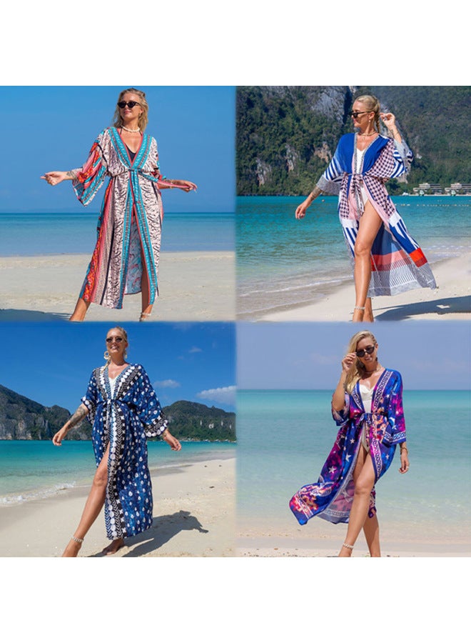 Loquat 2022 European And American Beach Blouse Positioning Printed Rayon Holiday Long Cardigan Bikini Women's Sunscreen Shirt-Color:15-Rainbow- - Image 3