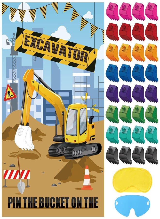 Hxezoc ملصق Hxezoc Pin The Bucket on The Excavator Game مع 32 قطعة من الدلاء الكبيرة لألعاب حفلات البناء لحفلات أعياد ميلاد الأطفال ومستلزمات حفلات البناء - Image 1