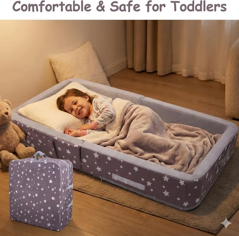 Mooedcoe Foldable Toddler Floor Bed with Sides, Folding Toddler Bed for Travel Kid Foam Sleeping Cot (Star), Grey - Image 2