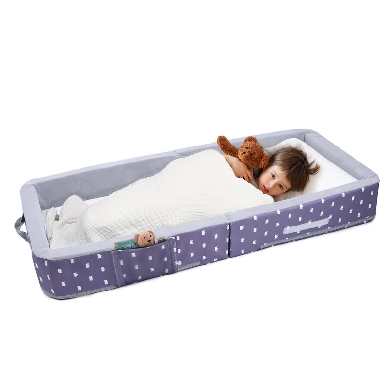 Mooedcoe Foldable Toddler Floor Bed with Sides, Folding Toddler Bed for Travel Kid Foam Sleeping Cot (Star), Grey - Image 1