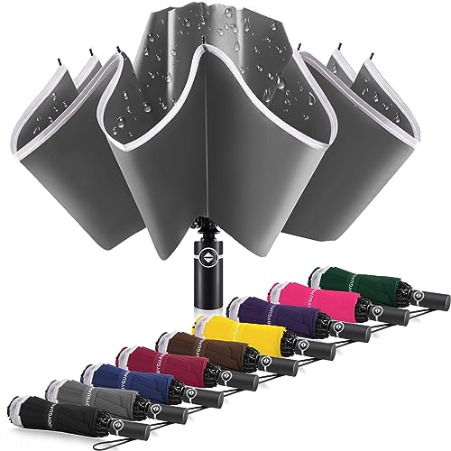Bodyguard Inverted Umbrella Large Windproof Umbrellas for Rain Sun Travel Umbrella Compact with Reflective Stripe, Gray-46 INCH - Image 1