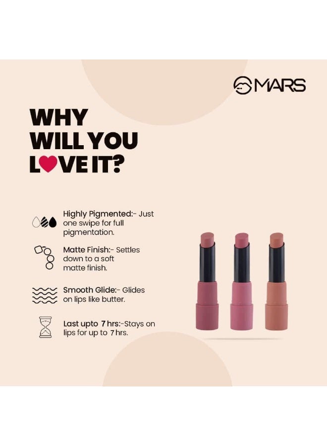 MARS Matte Box Set of 3 Lipsticks for Women | Long-Lasting | Smooth Finish | Moisturising | One Swipe Pigmentation (3x3.2 gm) (02-Peaches & Nudes) - Image 3