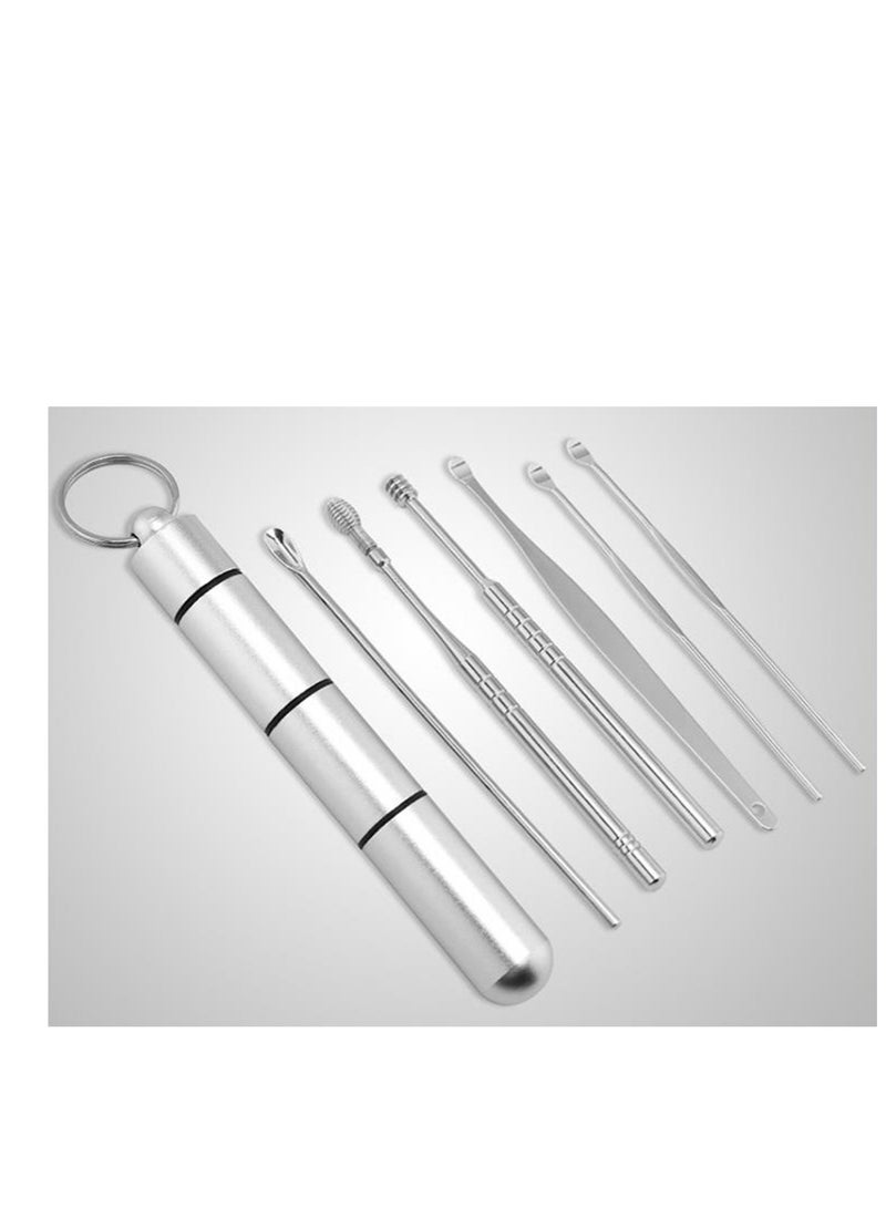 Golden Stainless Steel Earpick 6pcs/set Ear Cleaner Kits Stainless Steel Earpick Wax Remover Curette Ear Pick Ear Cleaner Spoon Spiral Ear Clean Tool(Silver) - Image 1