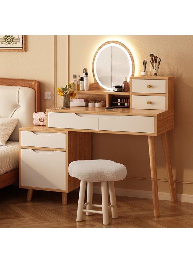 إيونتو طاولة مكياج LED مع مرآة دائرية - إضاءة تعمل باللمس، درجان للمكتب، خزانة جانبية وأرجل من الخشب الصلب، رف تخزين، مكتب من MDF لغرفة النوم أو غرفة التجميل - Image 1