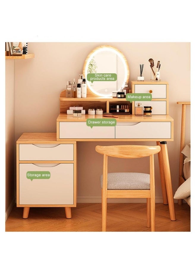 إيونتو طاولة مكياج LED مع مرآة دائرية - إضاءة تعمل باللمس، درجان للمكتب، خزانة جانبية وأرجل من الخشب الصلب، رف تخزين، مكتب من MDF لغرفة النوم أو غرفة التجميل - Image 4
