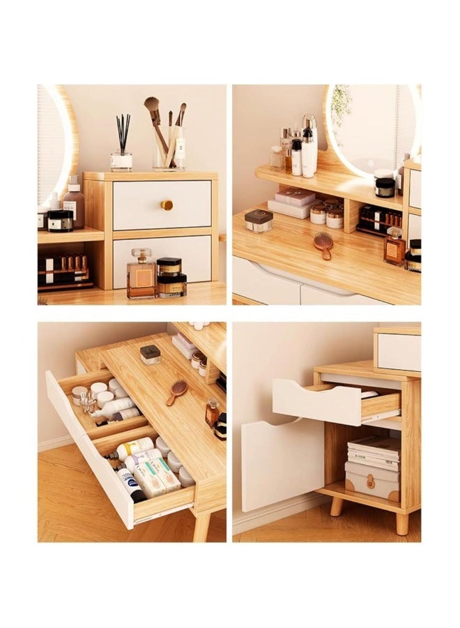 إيونتو طاولة مكياج LED مع مرآة دائرية - إضاءة تعمل باللمس، درجان للمكتب، خزانة جانبية وأرجل من الخشب الصلب، رف تخزين، مكتب من MDF لغرفة النوم أو غرفة التجميل - Image 5