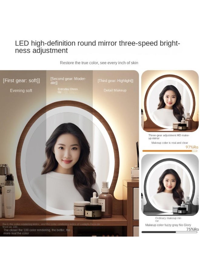 إيونتو طاولة مكياج LED مع مرآة دائرية - إضاءة تعمل باللمس، درجان للمكتب، خزانة جانبية وأرجل من الخشب الصلب، رف تخزين، مكتب من MDF لغرفة النوم أو غرفة التجميل - Image 3