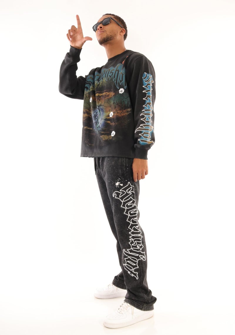 SCREENSHOT-F11525 Mens Urban Streetwear Oversize Raw Edge Crop Fit Pullover Fleece - NYC Graffiti Vintage Washing Puff Print Design Crewneck Sweatshirt-Washed/Black-Large - Image 4