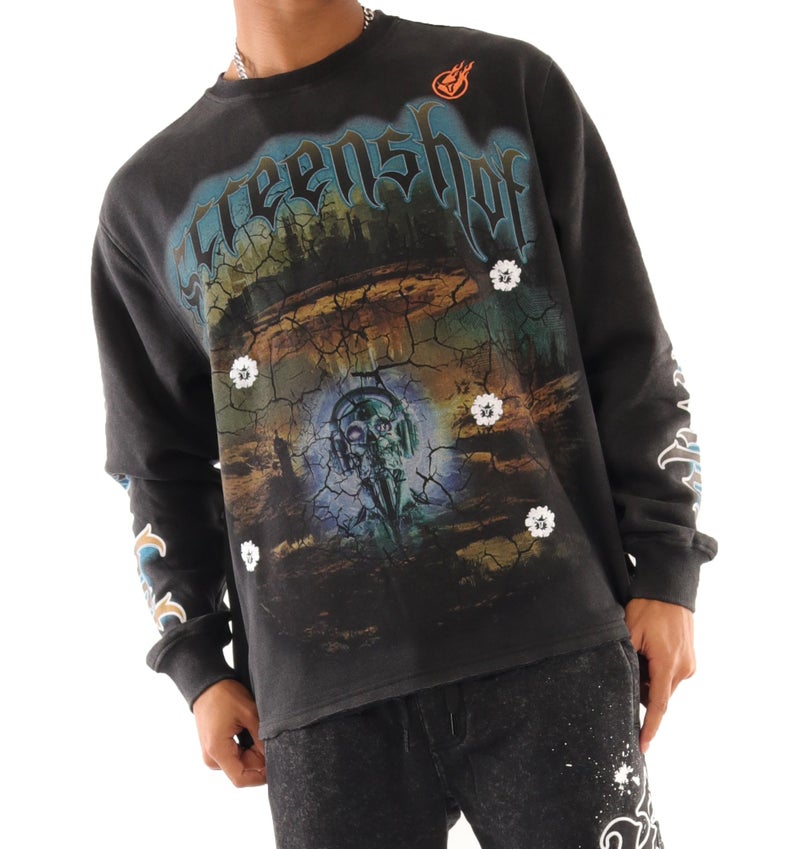 SCREENSHOT-F11525 Mens Urban Streetwear Oversize Raw Edge Crop Fit Pullover Fleece - NYC Graffiti Vintage Washing Puff Print Design Crewneck Sweatshirt-Washed/Black-Large - Image 1