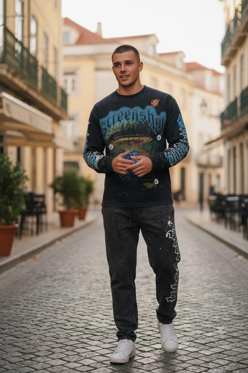 SCREENSHOT-F11525 Mens Urban Streetwear Oversize Raw Edge Crop Fit Pullover Fleece - NYC Graffiti Vintage Washing Puff Print Design Crewneck Sweatshirt-Washed/Black-Large - Image 5
