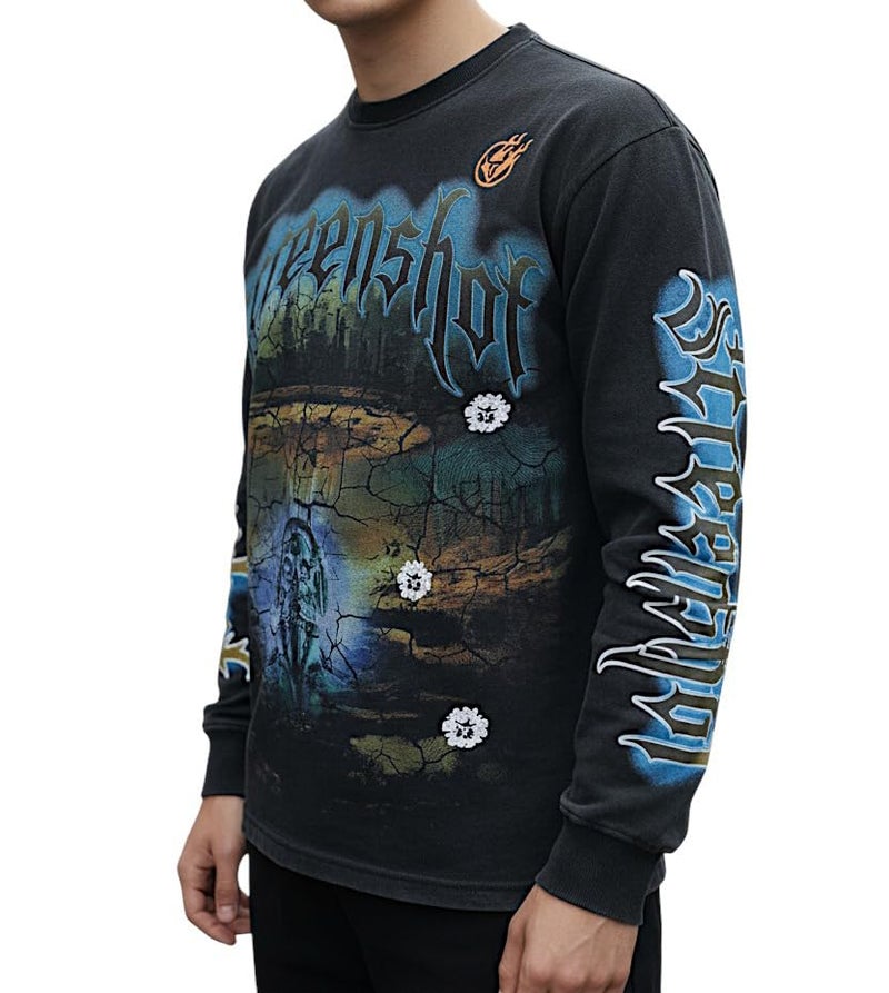 SCREENSHOT-F11525 Mens Urban Streetwear Oversize Raw Edge Crop Fit Pullover Fleece - NYC Graffiti Vintage Washing Puff Print Design Crewneck Sweatshirt-Washed/Black-Large - Image 2