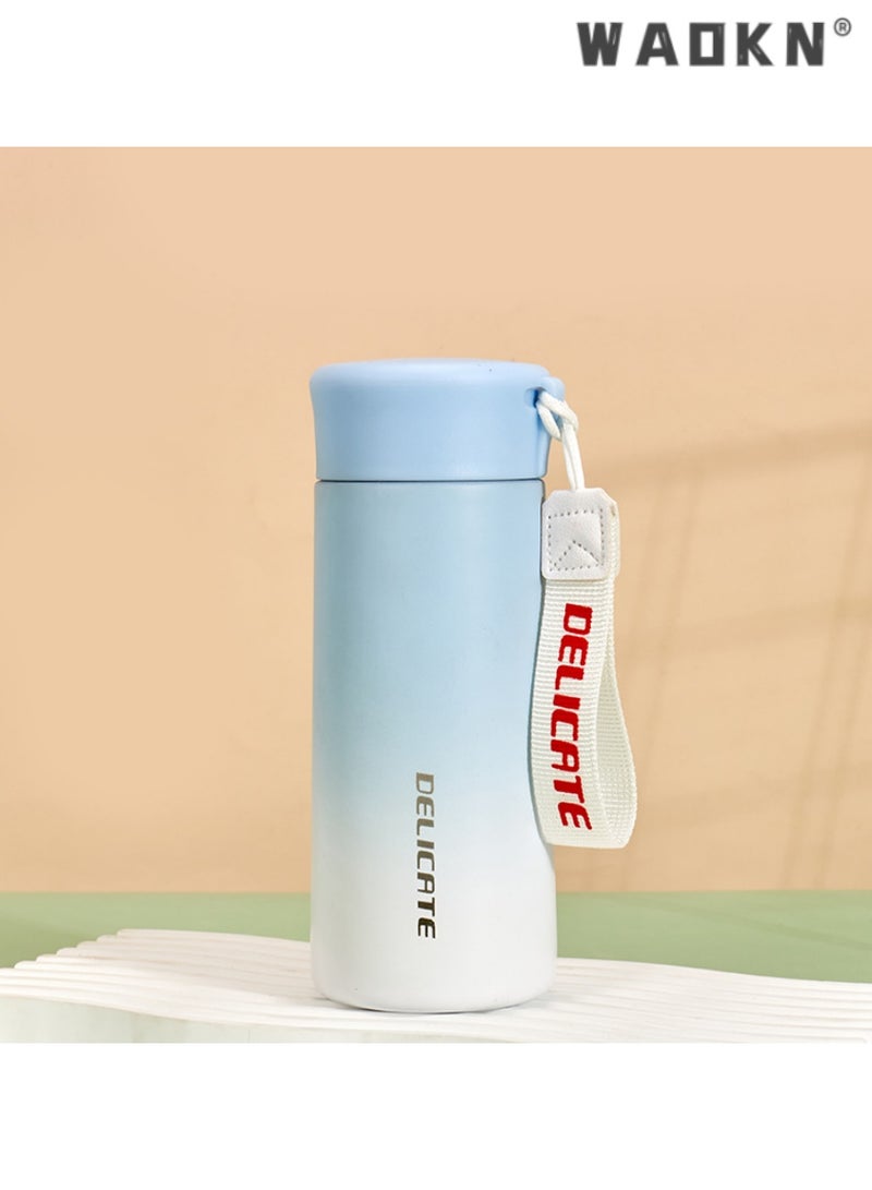 WAOKN Premium 316L stainless steel 350ml mini vacuum-insulated cup, tailored for men and students, simple and stylish cup with outdoor portable rope pocket（blue and white gradient） - Image 1