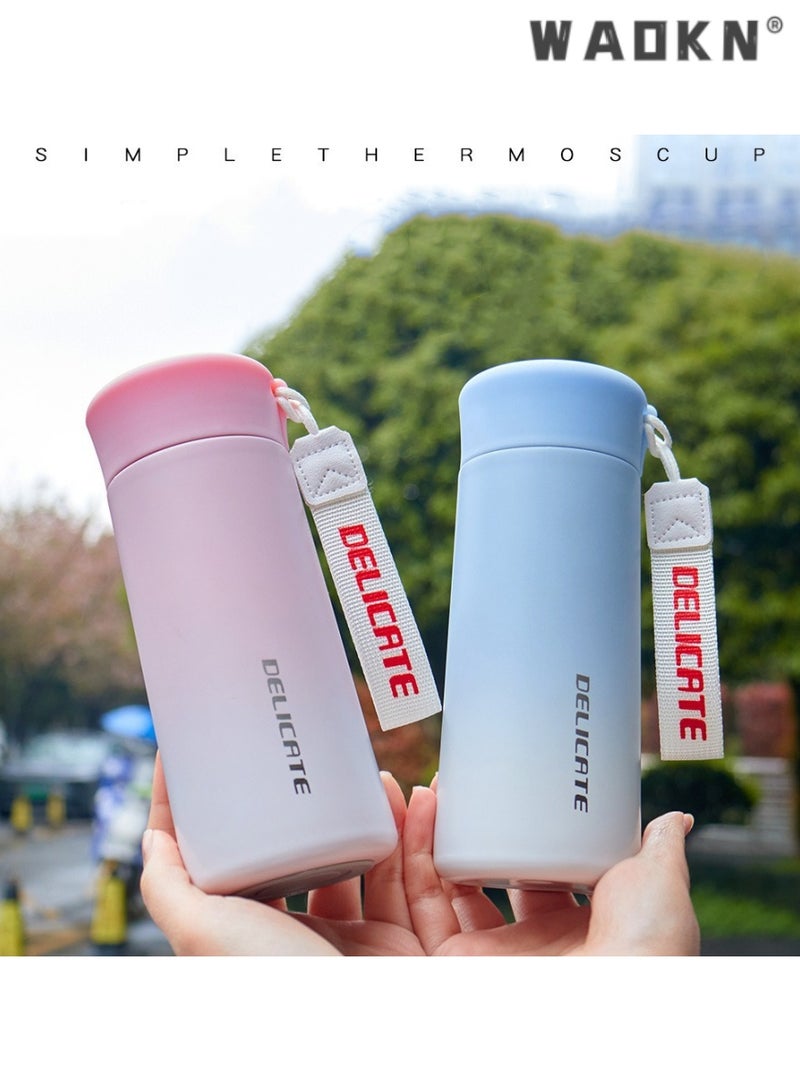 WAOKN Premium 316L stainless steel 350ml mini vacuum-insulated cup, tailored for men and students, simple and stylish cup with outdoor portable rope pocket（blue and white gradient） - Image 3