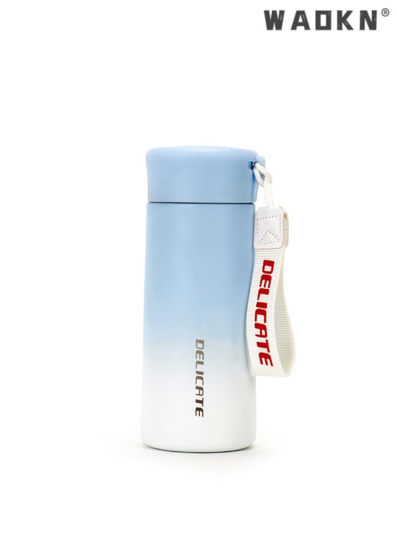 WAOKN Premium 316L stainless steel 350ml mini vacuum-insulated cup, tailored for men and students, simple and stylish cup with outdoor portable rope pocket（blue and white gradient） - Image 4