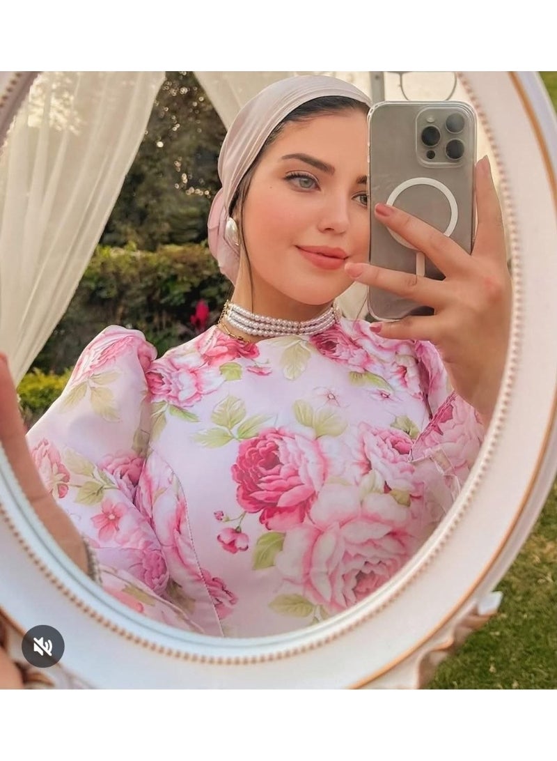 Elegant two-piece women's floral pink dress with a scuba top, imported Turkish chiffon with Rosetta lining, wide flared silhouette, one size fits 70-85 kg, code 4088 - Image 4