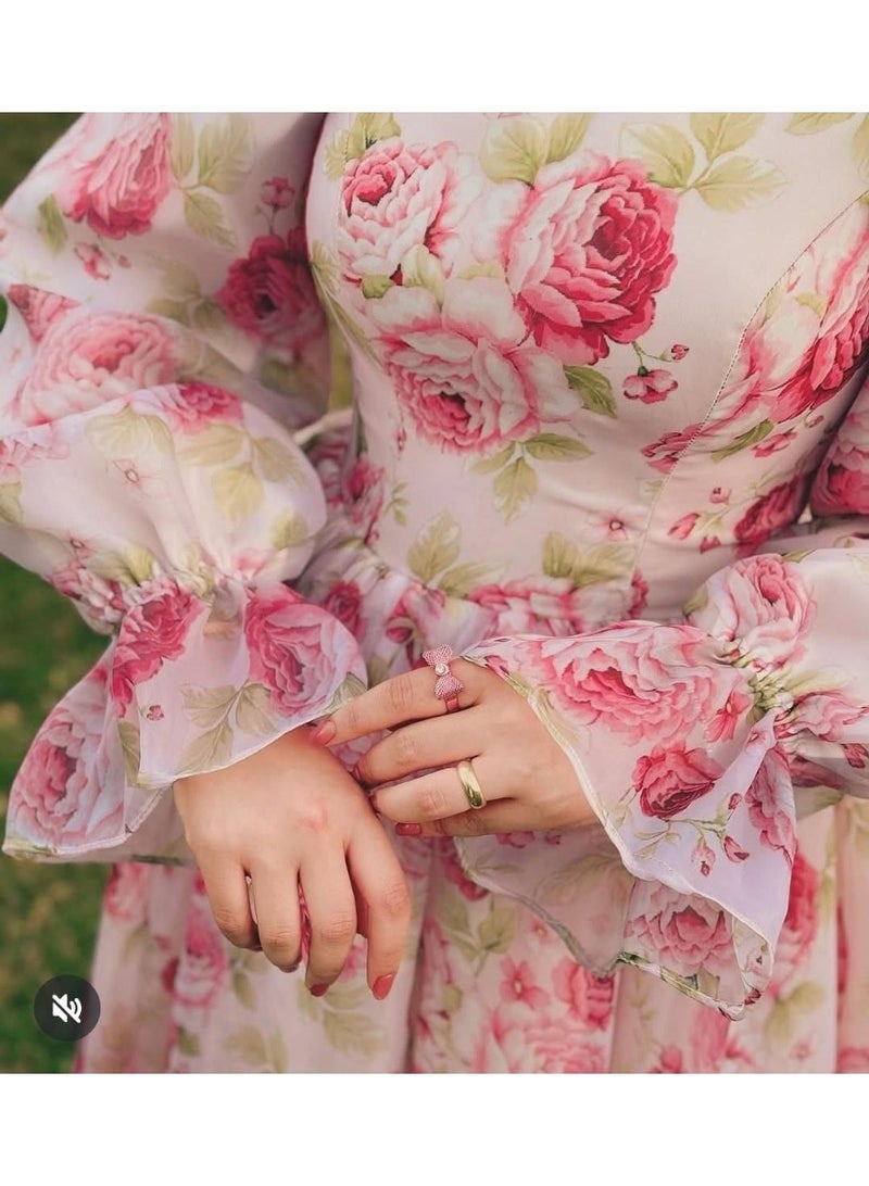 Elegant two-piece women's floral pink dress with a scuba top, imported Turkish chiffon with Rosetta lining, wide flared silhouette, one size fits 70-85 kg, code 4088 - Image 3