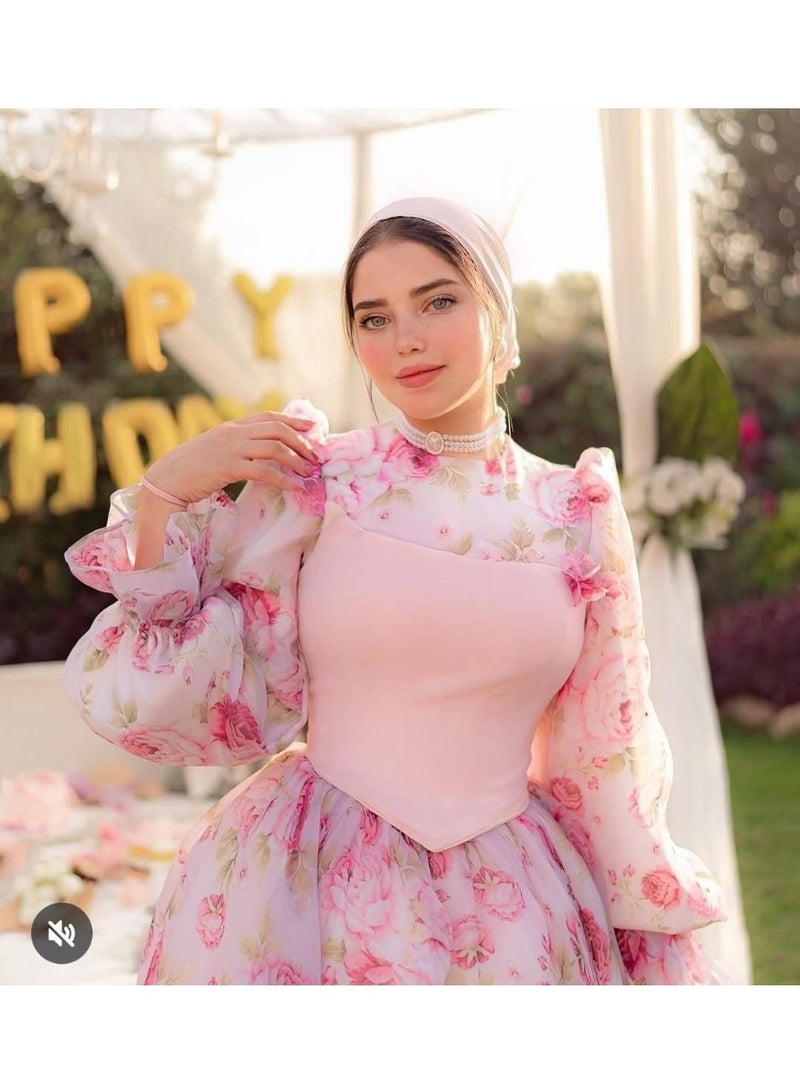 Elegant two-piece women's floral pink dress with a scuba top, imported Turkish chiffon with Rosetta lining, wide flared silhouette, one size fits 70-85 kg, code 4088 - Image 2