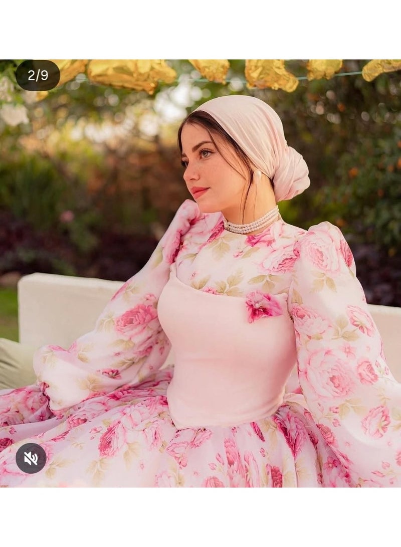Elegant two-piece women's floral pink dress with a scuba top, imported Turkish chiffon with Rosetta lining, wide flared silhouette, one size fits 70-85 kg, code 4088 - Image 1