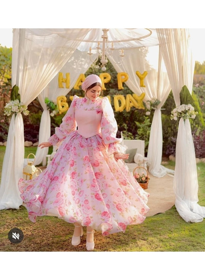 Elegant two-piece women's floral pink dress with a scuba top, imported Turkish chiffon with Rosetta lining, wide flared silhouette, one size fits 70-85 kg, code 4088 - Image 5