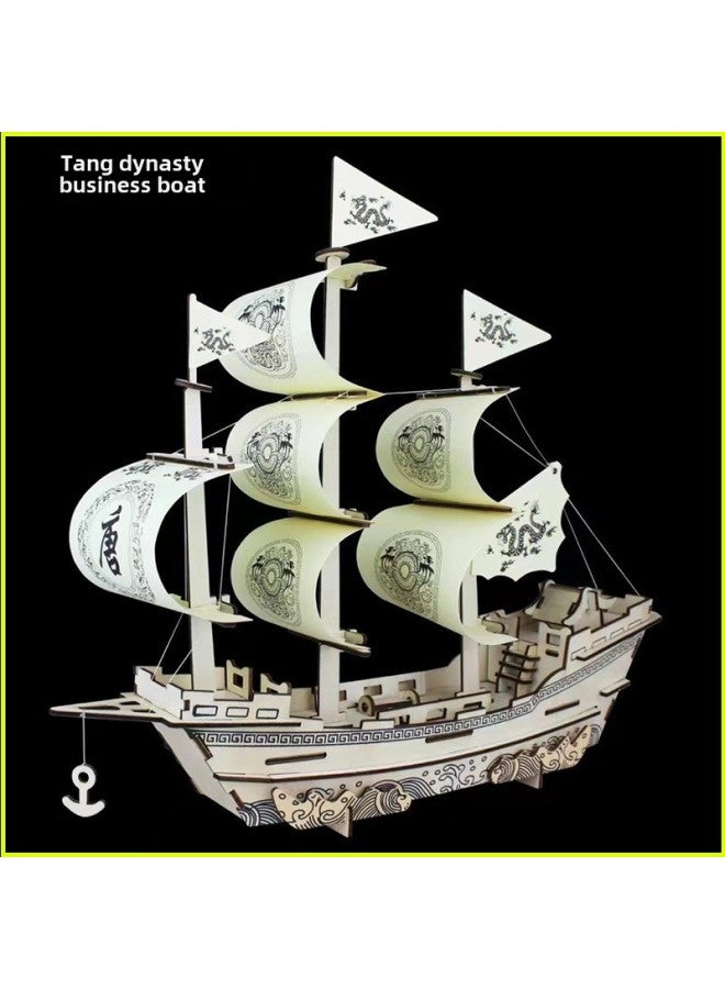 لعبة ألغاز خشبية ثلاثية الأبعاد مبتكرة سلسلة إبحار سفينة تجارية من سلالة مينغ، لعبة ألغاز قارب أحمر تذكارية - اللون: سفينة داتانغ شانغ + رسوم توضيحية للخطوات - Image 2