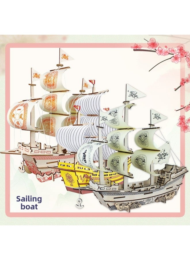لعبة ألغاز خشبية ثلاثية الأبعاد مبتكرة سلسلة إبحار سفينة تجارية من سلالة مينغ، لعبة ألغاز قارب أحمر تذكارية - اللون: سفينة داتانغ شانغ + رسوم توضيحية للخطوات - Image 4
