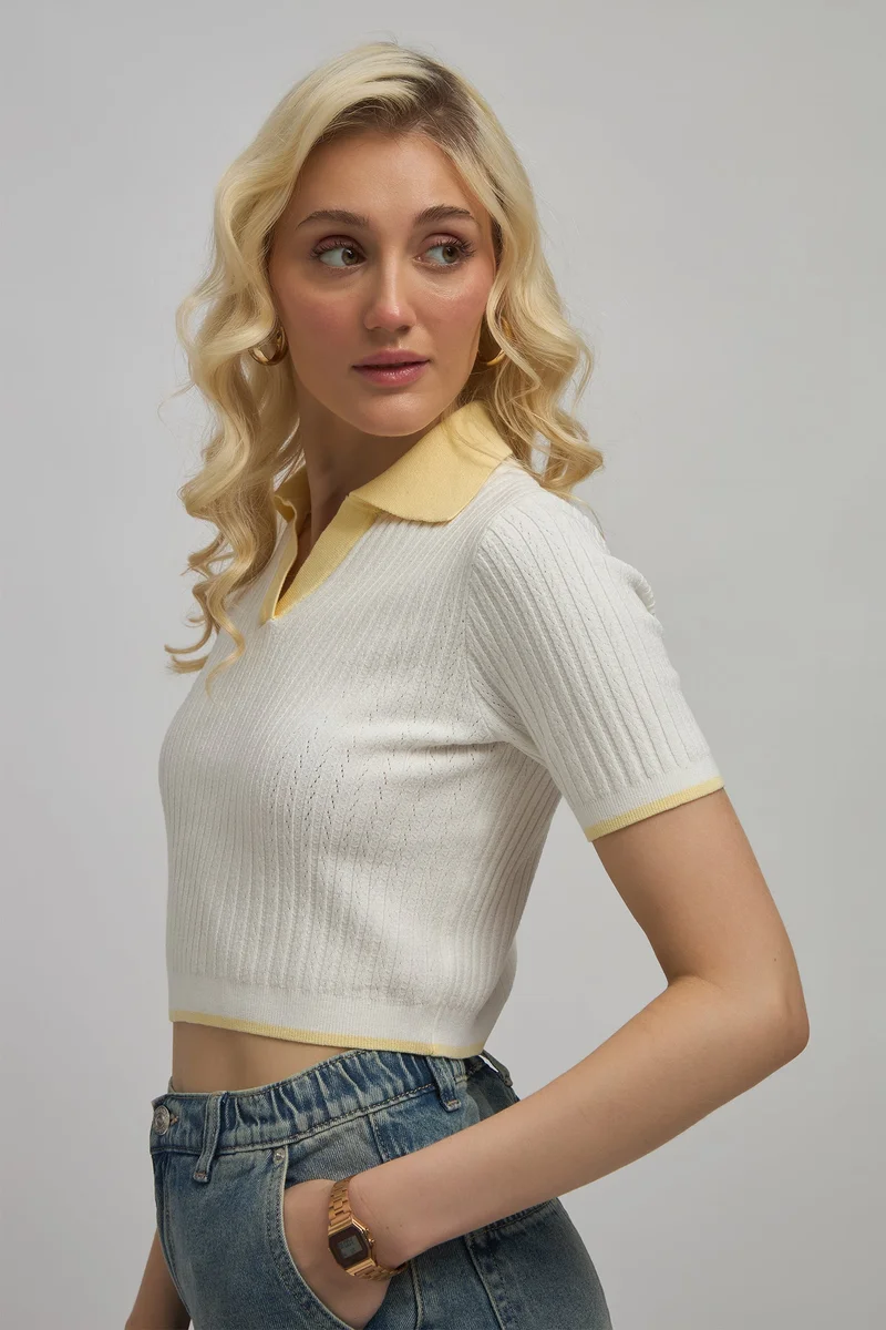 Virgio VIRGIO Viscose Shirtcollar Fitted Knit Crop Top