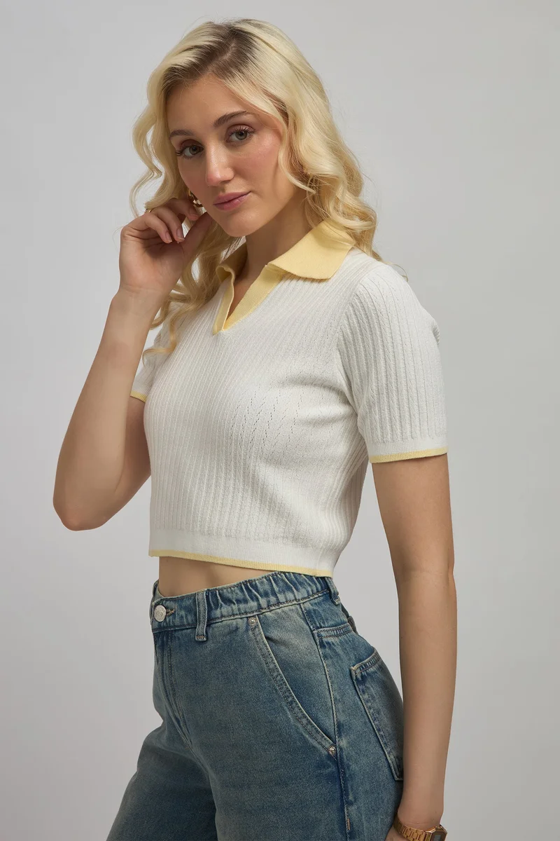 Virgio VIRGIO Viscose Shirtcollar Fitted Knit Crop Top
