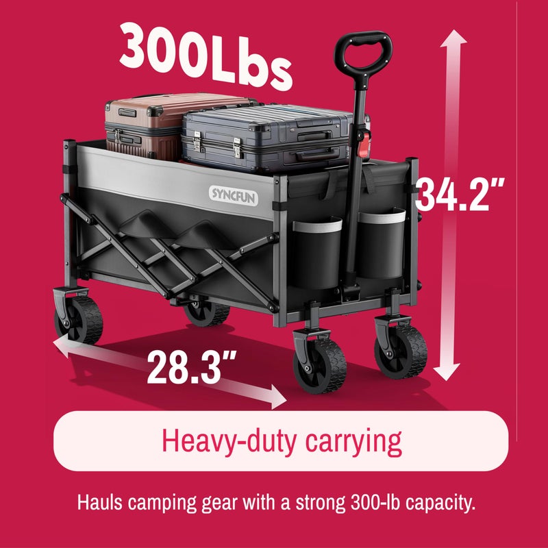 SYNCFUN Collapsible Wagon Cart Foldable 300lbs, Portable Rolling Shopping Carts with Wheels, All Terrain Folding Sport Beach Wagons, Heavy Duty Garden Utility Cart for Groceries Fishing, Black - Image 2