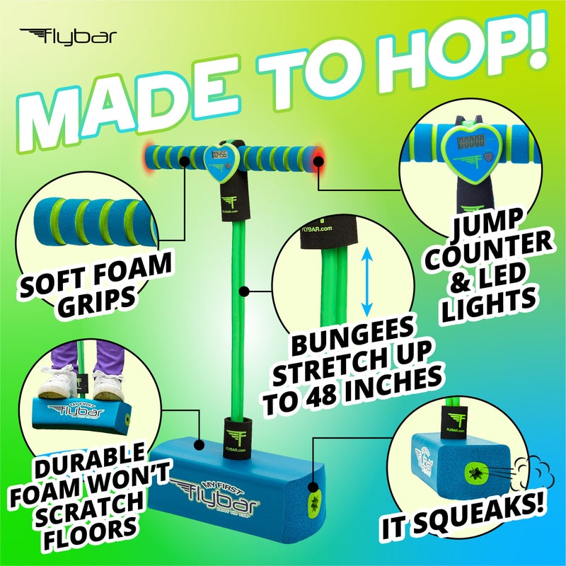 Flybar My First Foam Pogo Jumper for Kids Fun and Safe Pogo Stick for Toddlers, Durable Foam and Bungee Jumper for Ages 3 and up, Supports up to 250lbs (Blue LED) - Image 2