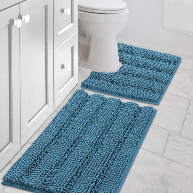 HVERSAILTEX BATHROOM RUGS BATH RUG SET 2 PIECE BATHROOM CONTOUR RUG TOILET MAT SETS NON SLIP CONTOUR BATH RUG ULTRA THICK WATER ABSORBENT STRIPED BATH MATS20 X 32 PLUS 20 X 20 U TURQUOISE BLUE