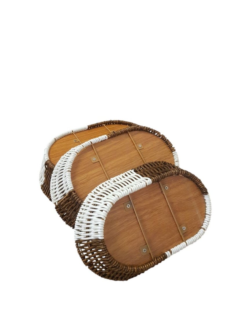 سلة فواكه بيضاوية وطبق خبز من الروطان البني والأبيض (مجموعة من 3 قطع) - Image 3