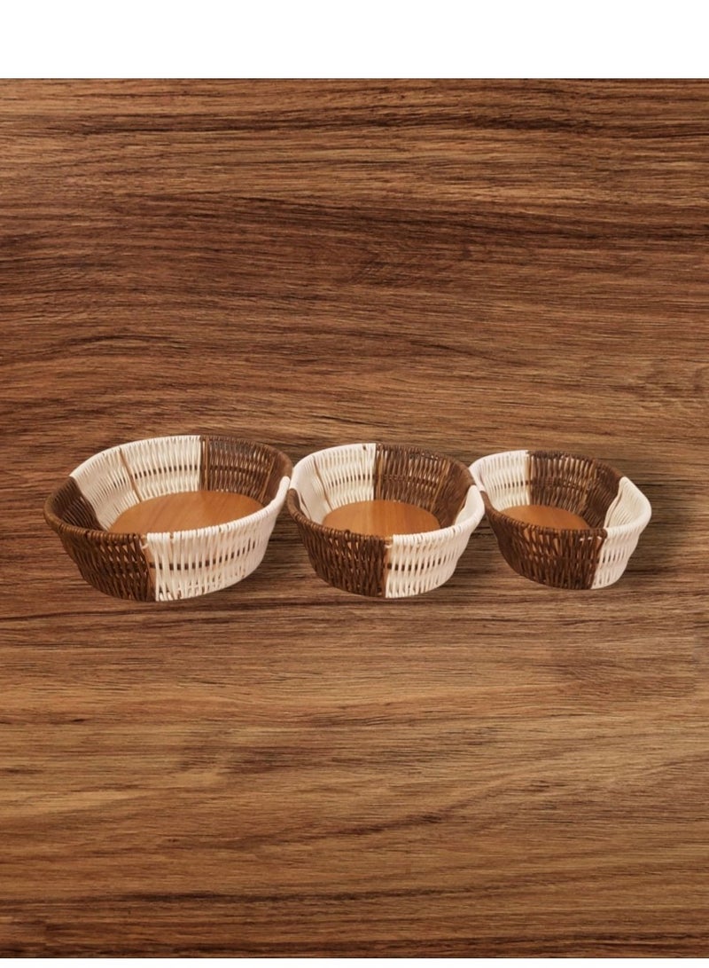 سلة فواكه بيضاوية وطبق خبز من الروطان البني والأبيض (مجموعة من 3 قطع) - Image 5