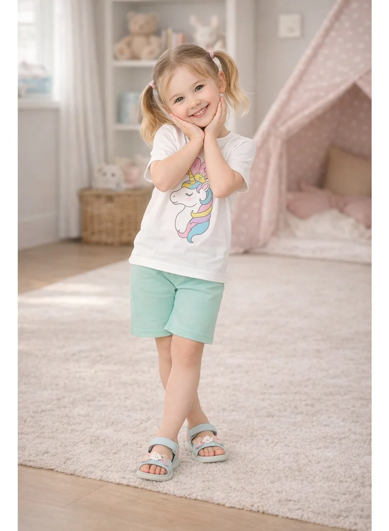 LUAY Girls 100% Cotton T-Shirt & Shorts Set | Kids Summer Casual Outfit | Soft Breathable Fabric | Unicorn “Magic” Print | White T-Shirt with Mint Green Shorts