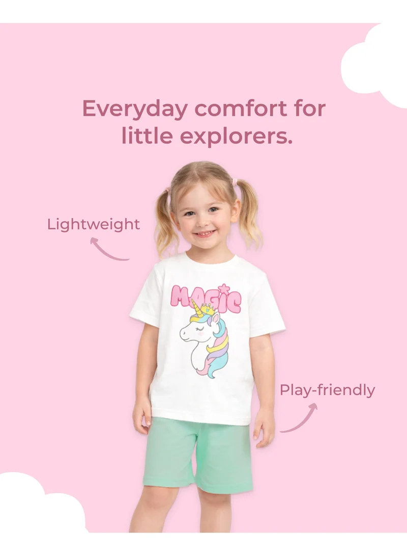 LUAY Girls 100% Cotton T-Shirt & Shorts Set | Kids Summer Casual Outfit | Soft Breathable Fabric | Unicorn “Magic” Print | White T-Shirt with Mint Green Shorts