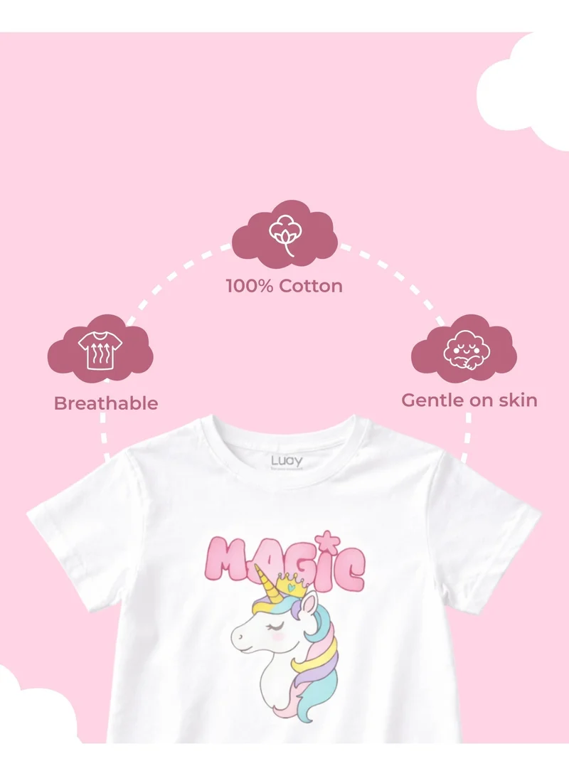Luay White Girls 100% Cotton T-Shirt & Shorts Set | Kids Summer Casual Outfit | Soft Breathable Fabric | Unicorn “Magic” Print | White T-Shirt with Mint Green Shorts for Women | Best Price UAE