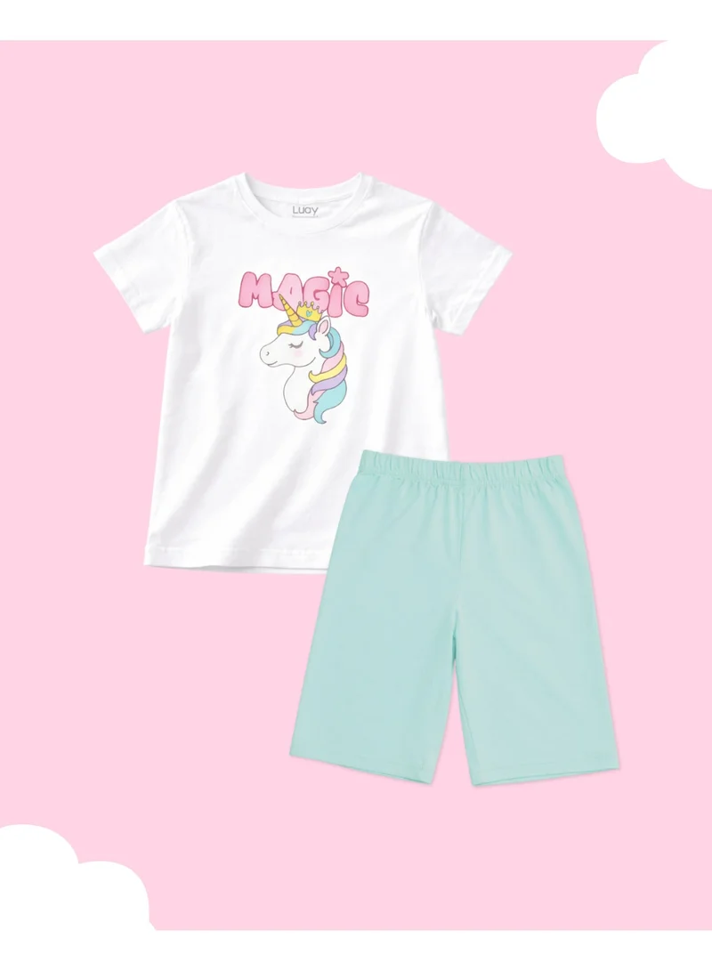 Luay White Girls 100% Cotton T-Shirt & Shorts Set | Kids Summer Casual Outfit | Soft Breathable Fabric | Unicorn “Magic” Print | White T-Shirt with Mint Green Shorts for Women | Best Price UAE