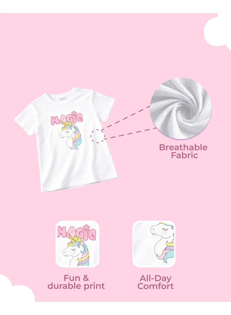 Luay White Girls 100% Cotton T-Shirt & Shorts Set | Kids Summer Casual Outfit | Soft Breathable Fabric | Unicorn “Magic” Print | White T-Shirt with Mint Green Shorts for Women | Best Price UAE