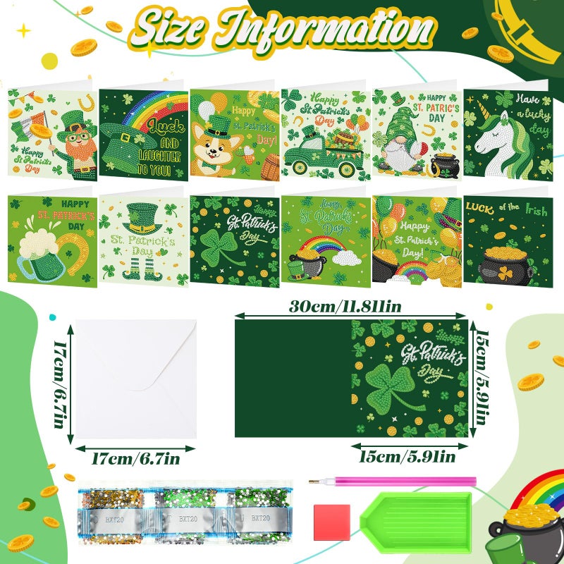 Saillong 12 Pack St Patrick's Day Diamond Painting Greeting Card Kits Green Shamrock Diamond Art Cards with Envelopes 5D Rhinestones Painting Making Kit for Adults DIY Craft Family Friend Holiday Gift - Image 4